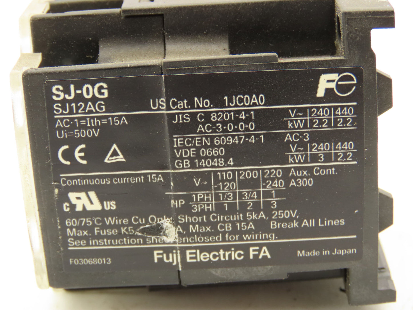 Fuji Electric SJ-0G Magnetic Contactor 24VDC Coil 1NO 3PH 240VAC 3HP Lot of 6