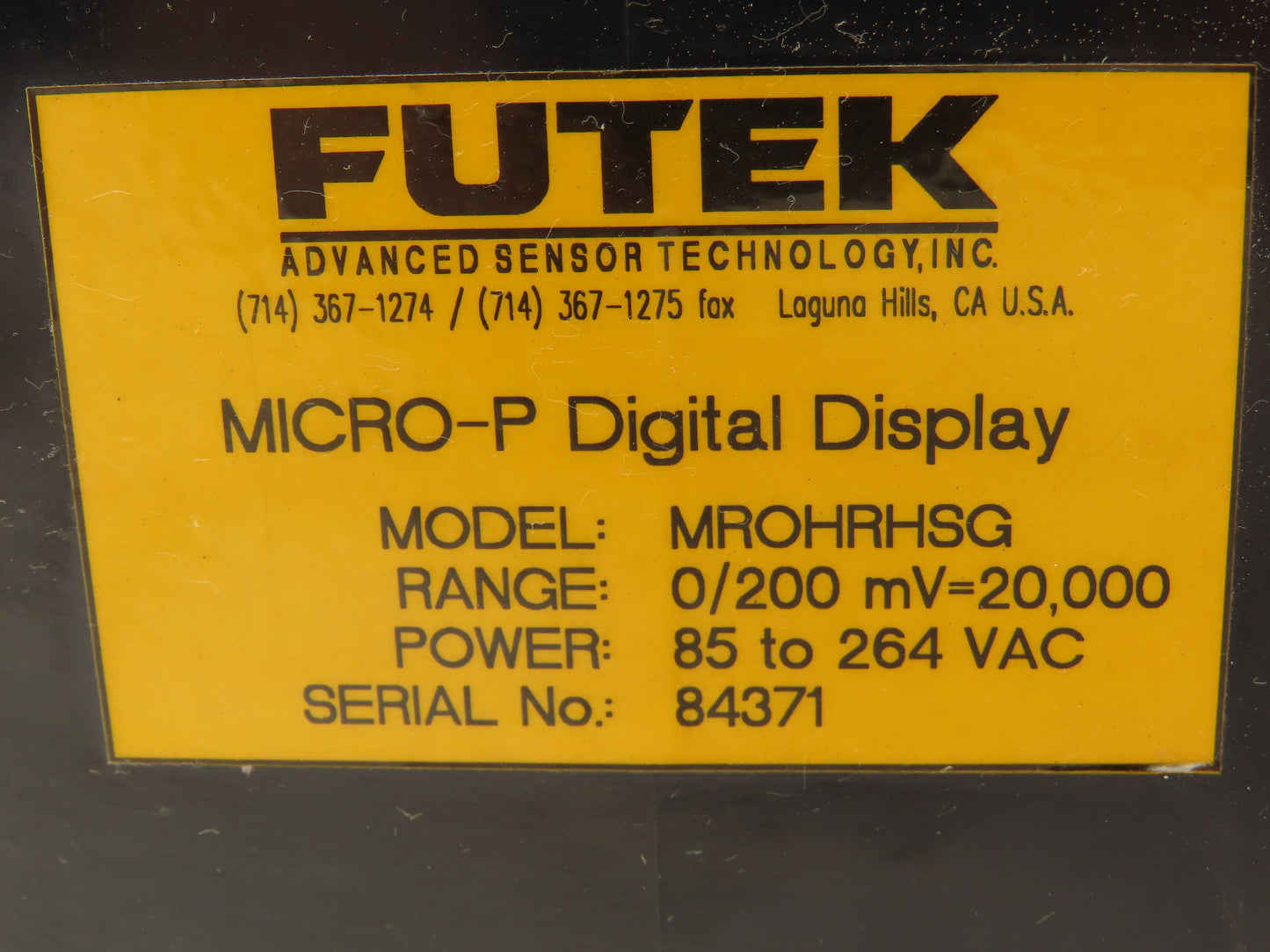 Futek MROHRHSG Micro-P Digital Display 120/240VAC Input 0/200mV=20,000 Range