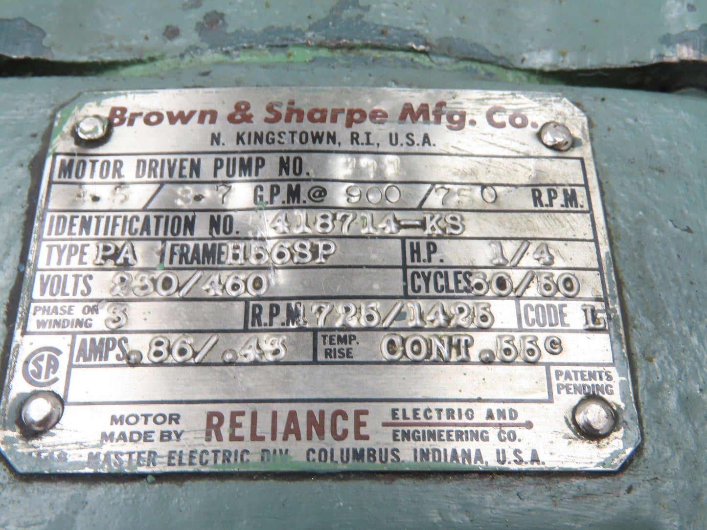 Brown & Sharpe Model 111 Hydraulic Gear Pump 4GPM 600 RPM 1/2"npt 230/460V Motor