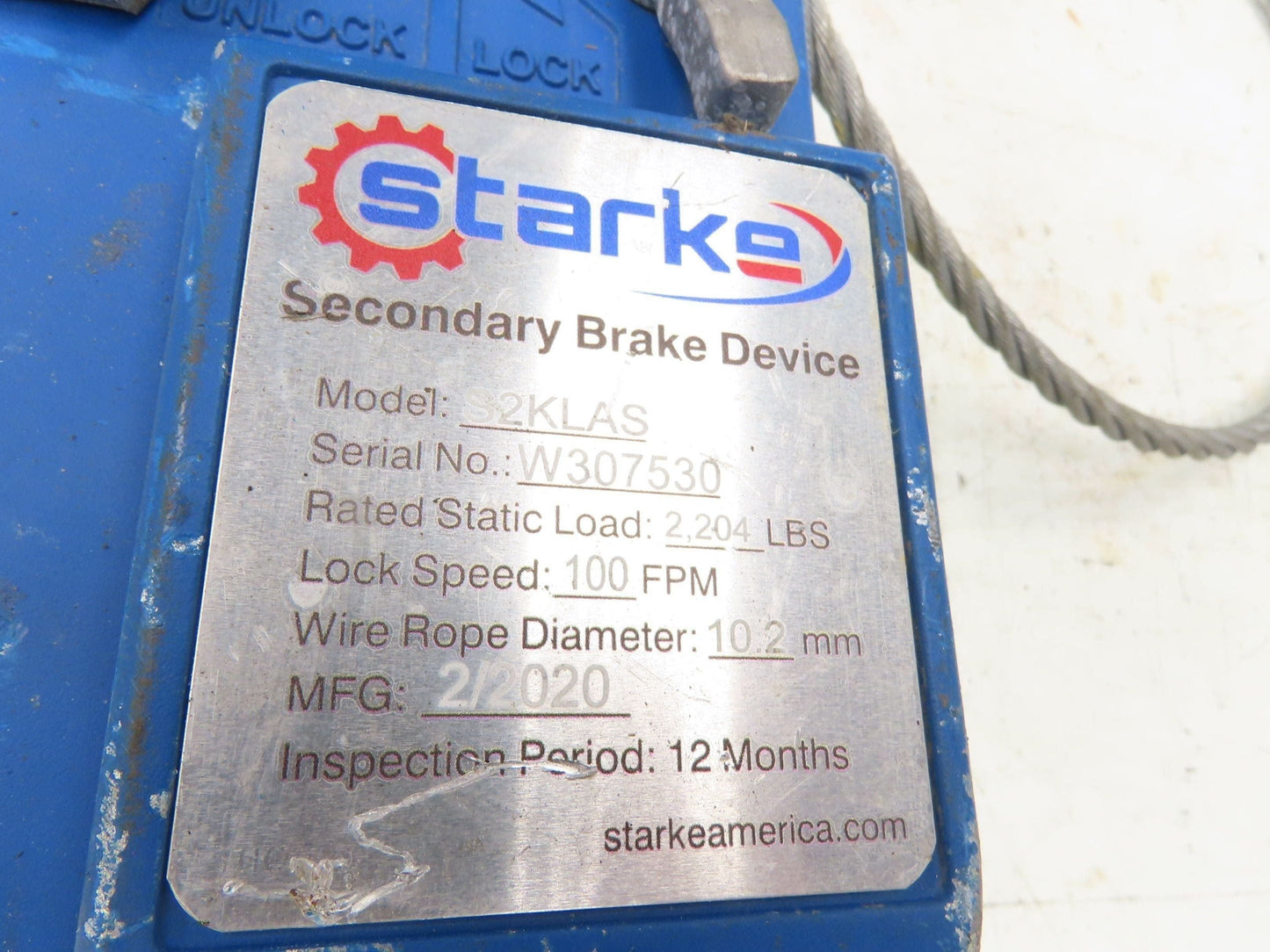 Starke S2KLAS Overspeed Secondary Brake Device 2204lb 100FPM Scaffold Protection