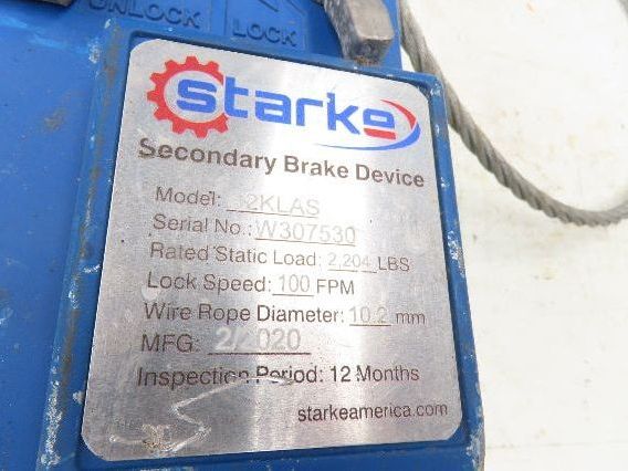 Starke S2KLAS Overspeed Secondary Brake Device 2204lb 100FPM Scaffold Protection