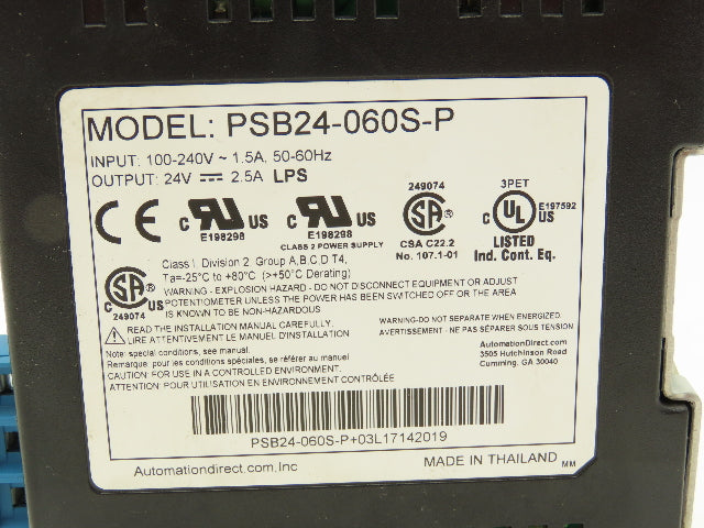 Rhino PSB24-060S-P Power Supply 1PH 100-240V 1.5A Input 24V 2.5A Output