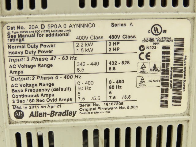 Allen Bradley 20AD5P0A0AYNNNC0 PowerFlex 70 Variable AC Drive VFD 3HP 480V 3PH