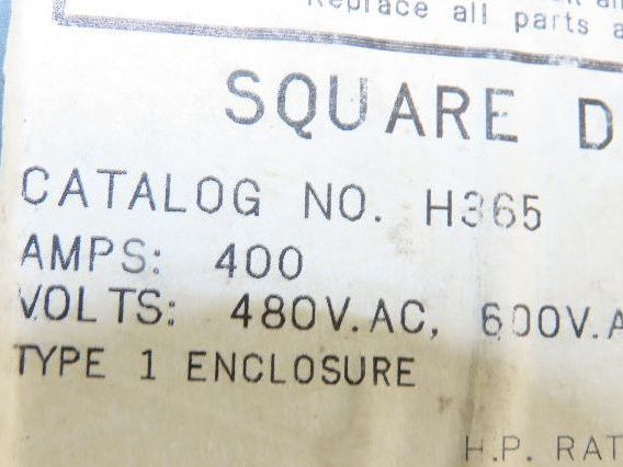 Square D H365 Heavy Duty Safety Disconnect Switch 400A 600V 3 Pole Ser E2 Fused