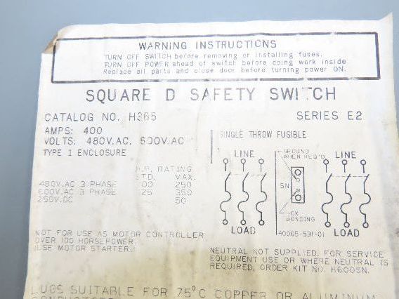 Square D H365 Heavy Duty Safety Disconnect Switch 400A 600V 3 Pole Ser E2 Fused