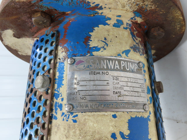 Sanwa VM-2542 Stainless Centrifugal Pump 1" Flanged 2Hp 460V 13 GPM Ext Shaft