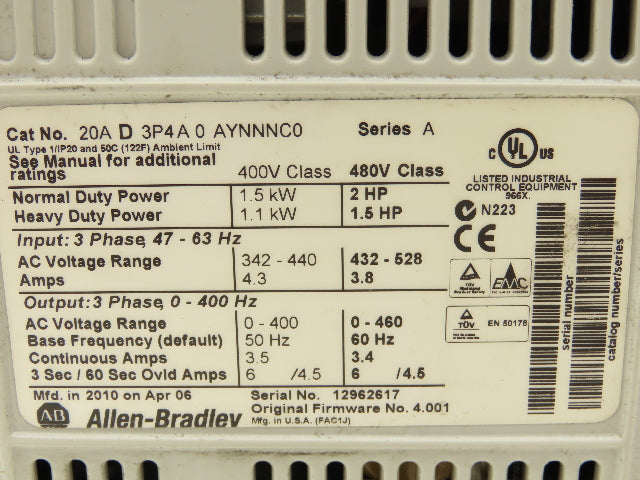 Allen Bradley 20AD3P4A0AYNNNC0 PowerFlex 70 Variable AC Drive VFD 2Hp 480V 3Ph