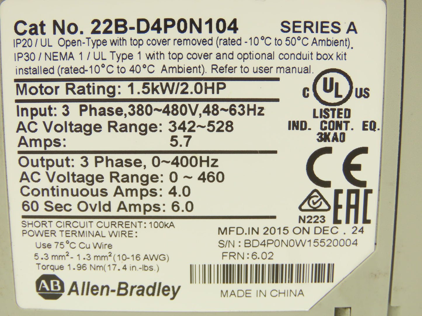 Allen Bradley 22B-D4P0N104 PowerFlex 40 VFD AC Drive 1.5kw 2Hp 480V 3Ph