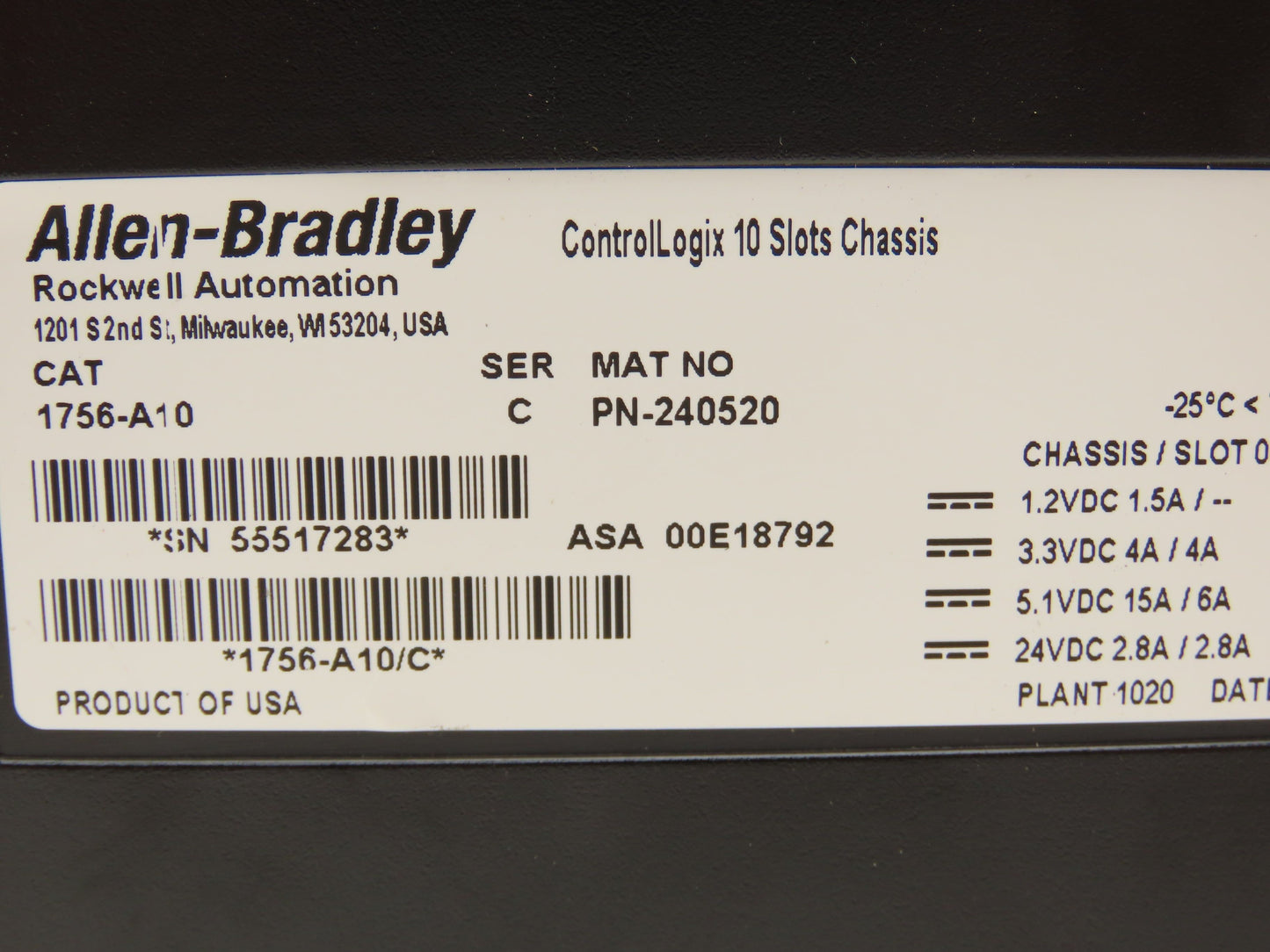 Allen Bradley 1756-A10 ControlLogix 10 Slot Chassis Series C