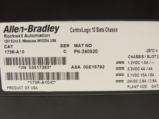 Allen Bradley 1756-A10 ControlLogix 10 Slot Chassis Series C