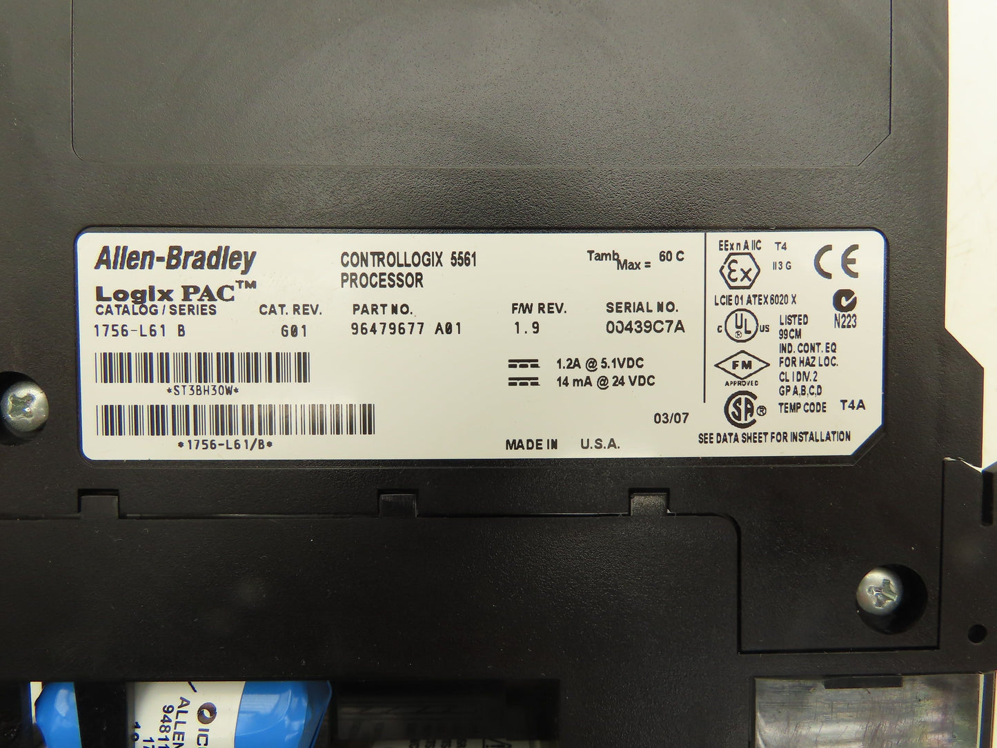 Allen Bradley 1756-L61 ControlLogix 5561 Processor F/W 1.9 Ser B