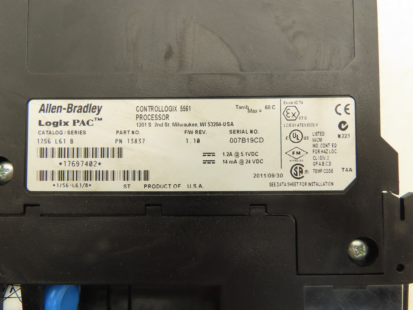 Allen Bradley 1756-L61 ControlLogix 5561 Processor F/W 1.10 Ser B
