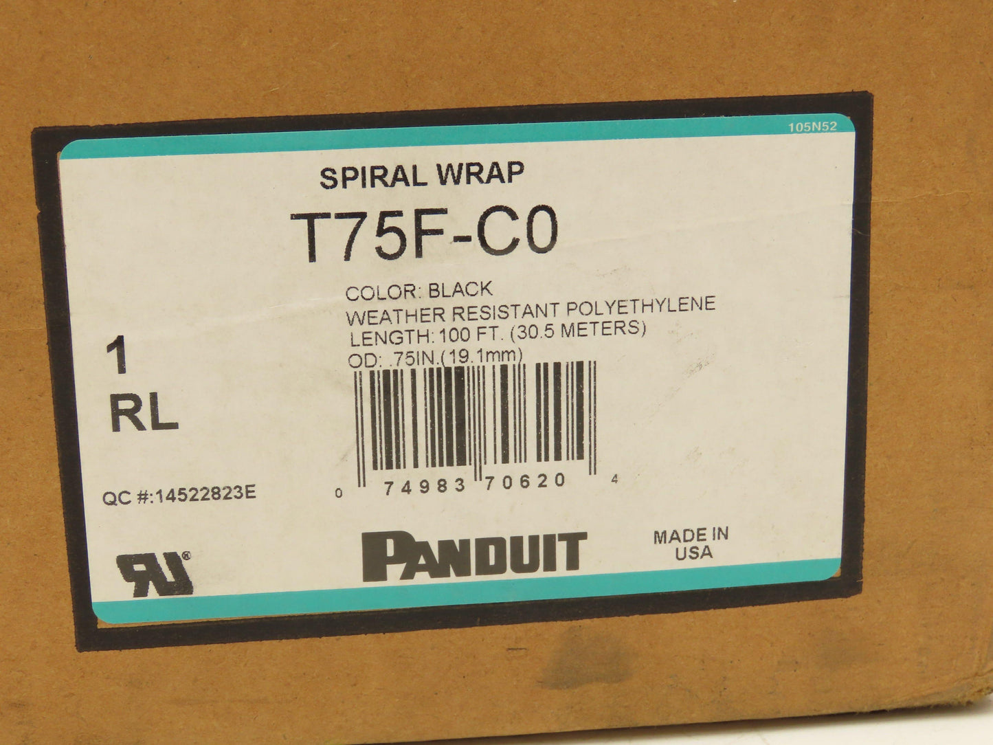 Panduit T75F-C0 Spiral Wrap Cable Sleeve Tubing 3/4"x 100' Black Polyethylene