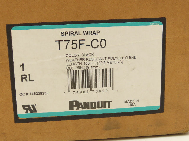 Panduit T75F-C0 Spiral Wrap Cable Sleeve Tubing 3/4"x 100' Black Polyethylene