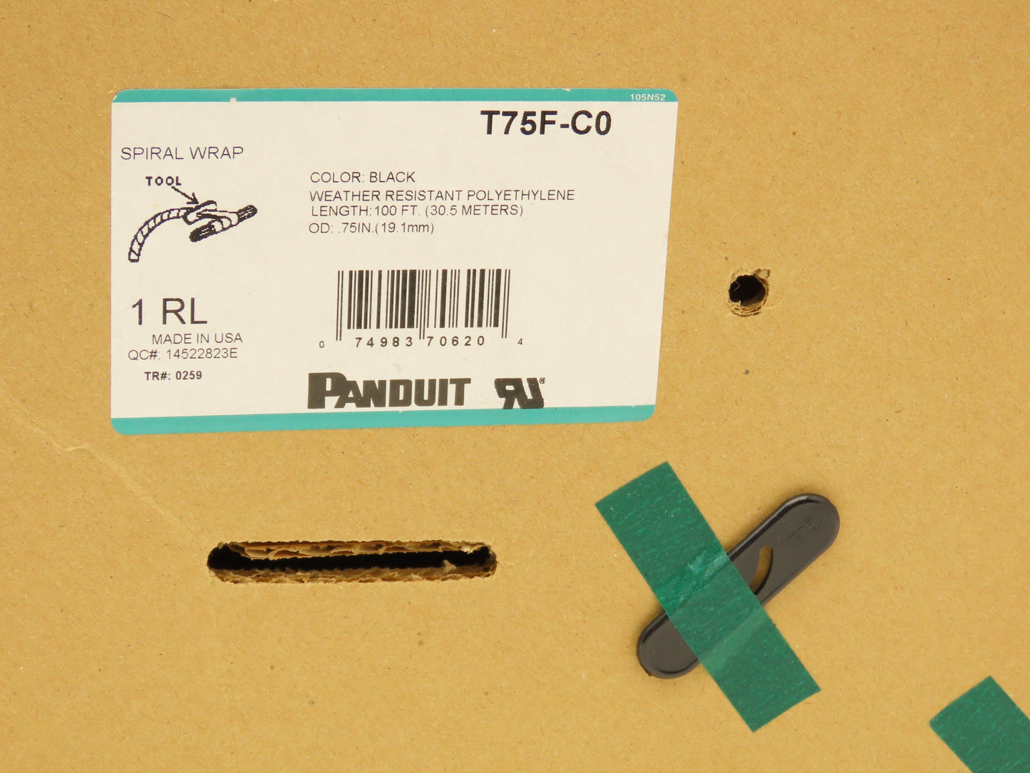 Panduit T75F-C0 Spiral Wrap Cable Sleeve Tubing 3/4"x 100' Black Polyethylene