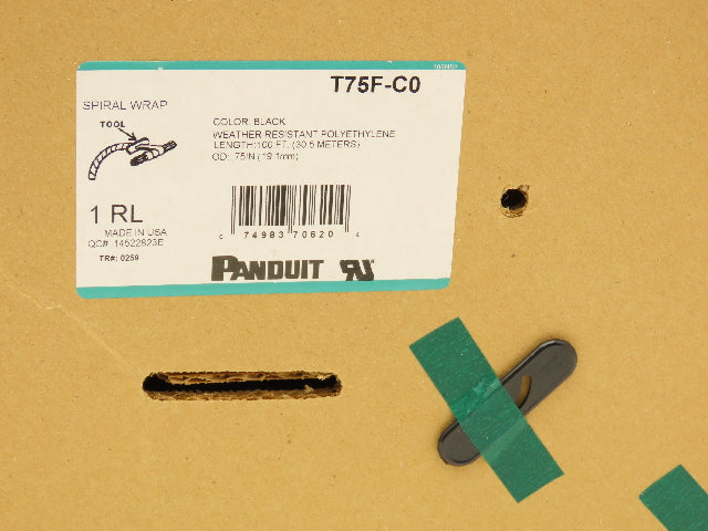 Panduit T75F-C0 Spiral Wrap Cable Sleeve Tubing 3/4"x 100' Black Polyethylene
