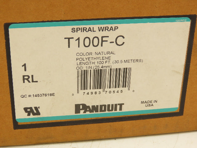 Panduit T100F-C Spiral Wrap Cable Sleeve Tubing 1"x 100' Polyethylene Natural