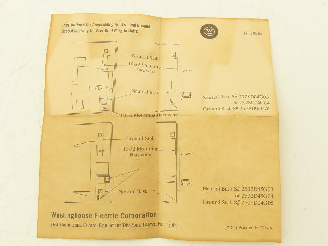 Westinghouse 2528D04G03 Bus Plug Neutral Stab Kit 110A 300VAC Lot of 6