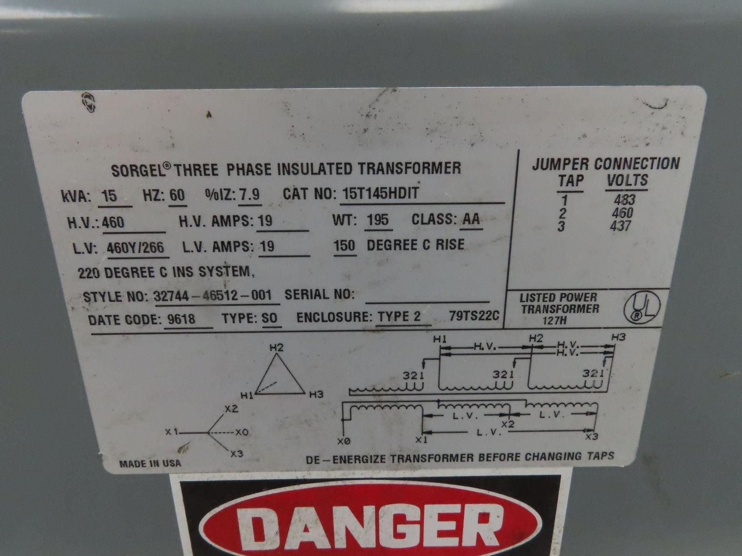 Square D 15T145HDIT Power Transformer 15kVA 3Ph HV 480D LV 460Y/266V Wye Output