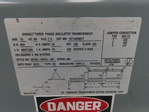 Square D 15T145HDIT Power Transformer 15kVA 3Ph HV 480D LV 460Y/266V Wye Output