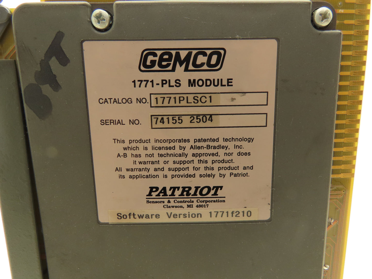 Patriot Gemco 1771-PLS Programmable Control Module Software Ver 1771f210