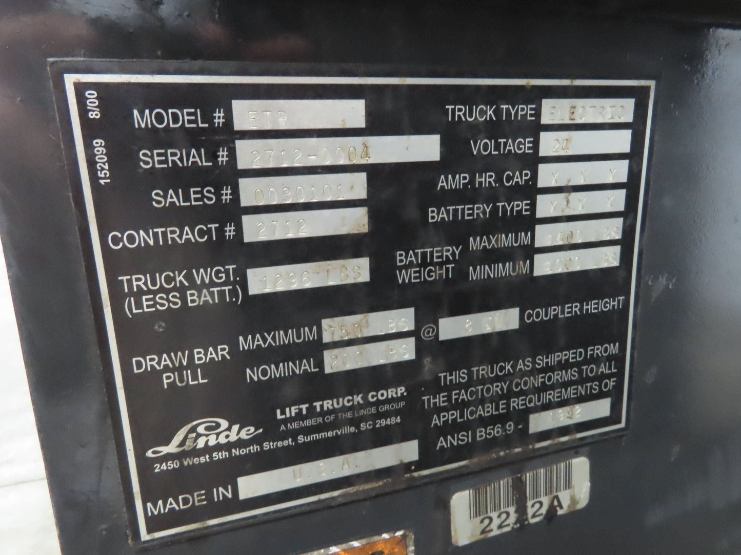 Linde ETR Electric Warehouse Walk Ride Pull Truck 24VDC Tow Tractor