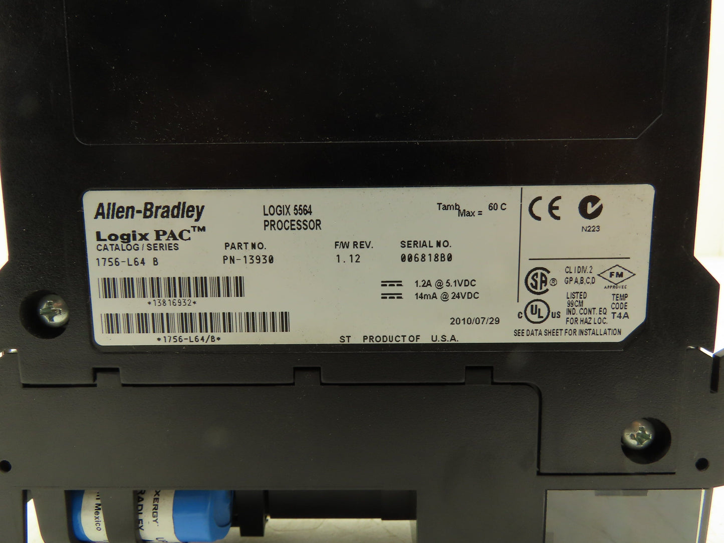 Allen Bradley 1756-L64 Logix 5564 Processor Ser B FW 1.12 With Key MISSING DOOR