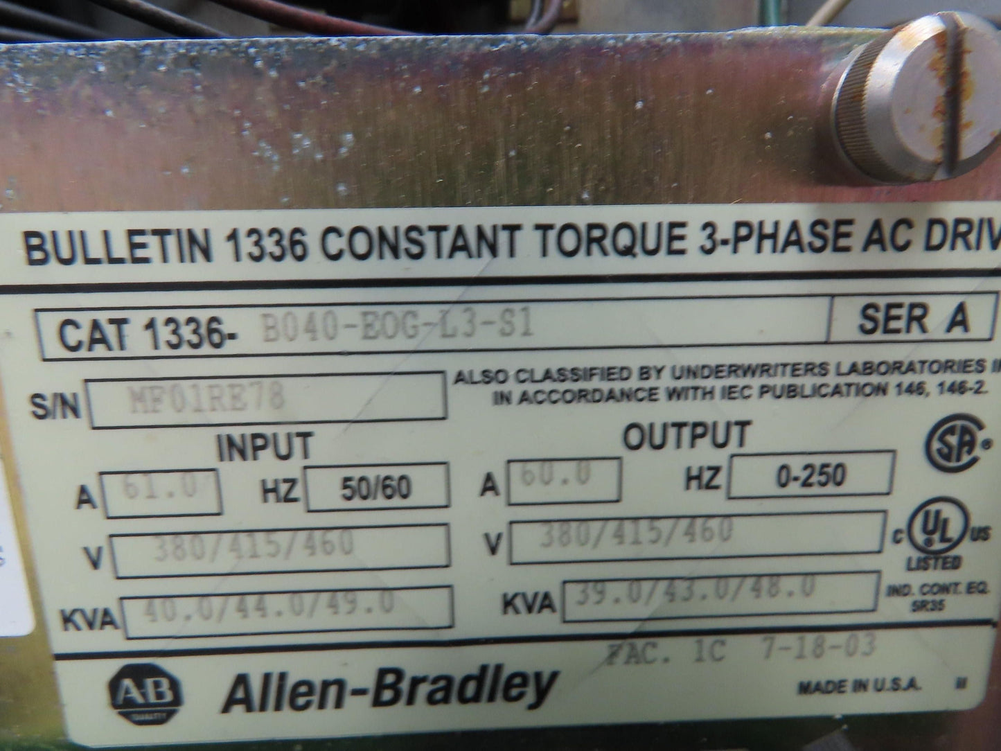 Allen Bradley 1336-B040-EOG-L3-S1 Variable Frequency AC Drive 40Hp 460V 3Ph VFD