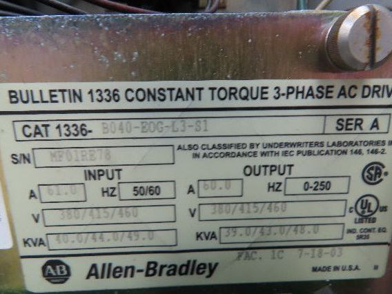 Allen Bradley 1336-B040-EOG-L3-S1 Variable Frequency AC Drive 40Hp 460V 3Ph VFD
