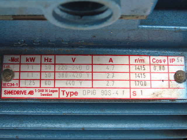 Swedrive DPIG 90S-4 AC Motor 3Ph 440V 1.25kW 1.67Hp 1700rpm IEC 90 Metric Frame