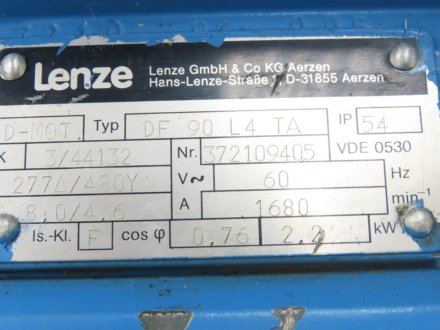 Lenze DF 90 L4 TA AC Motor 3HP 1680 RPM 277/480V 3PH IEC 90 Thalheim Encoder
