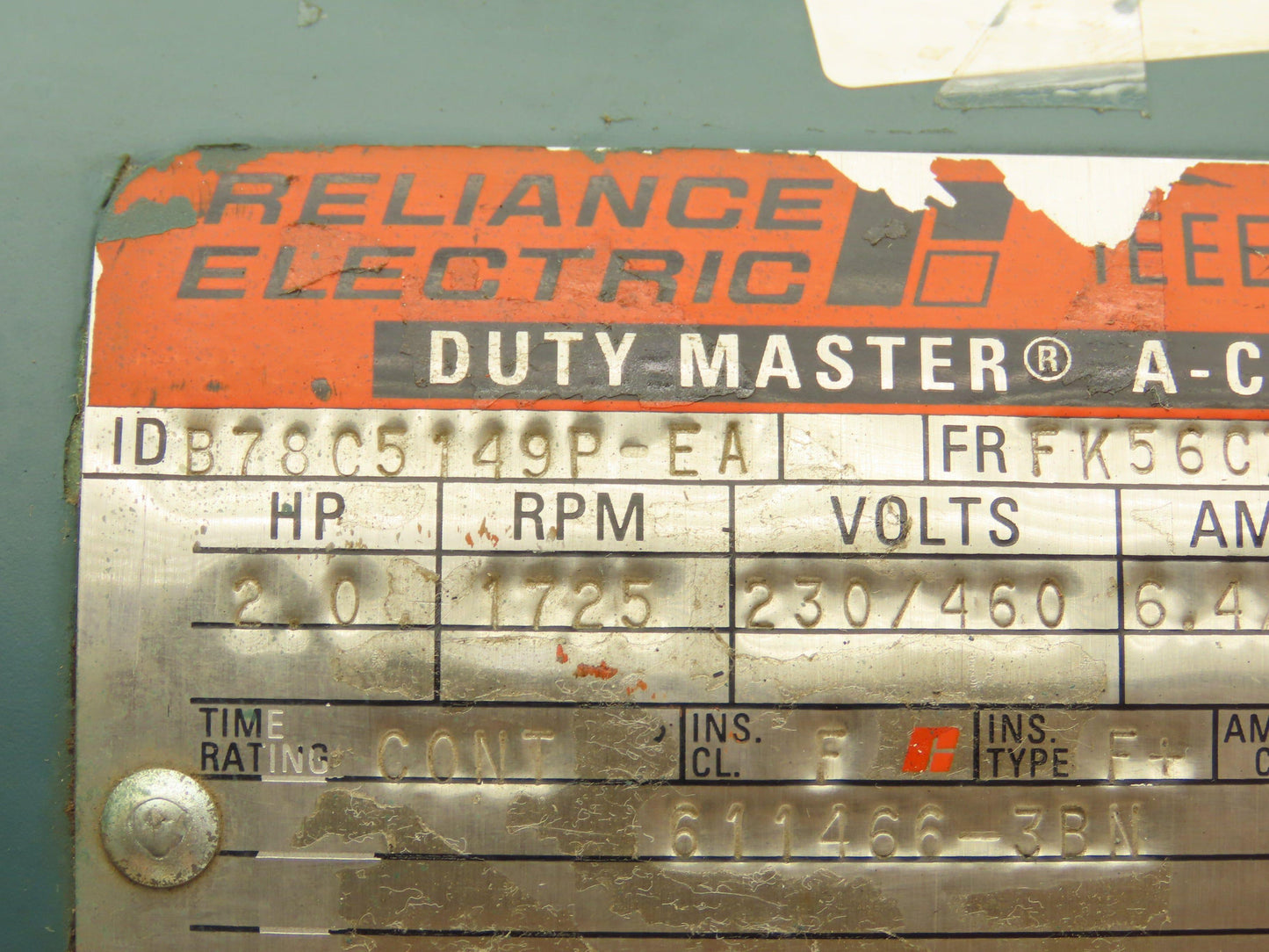 Reliance B78C5149P-EA AC Motor 3Ph 1725rpm 2Hp 230/460v FK56CZ Frame TEFC