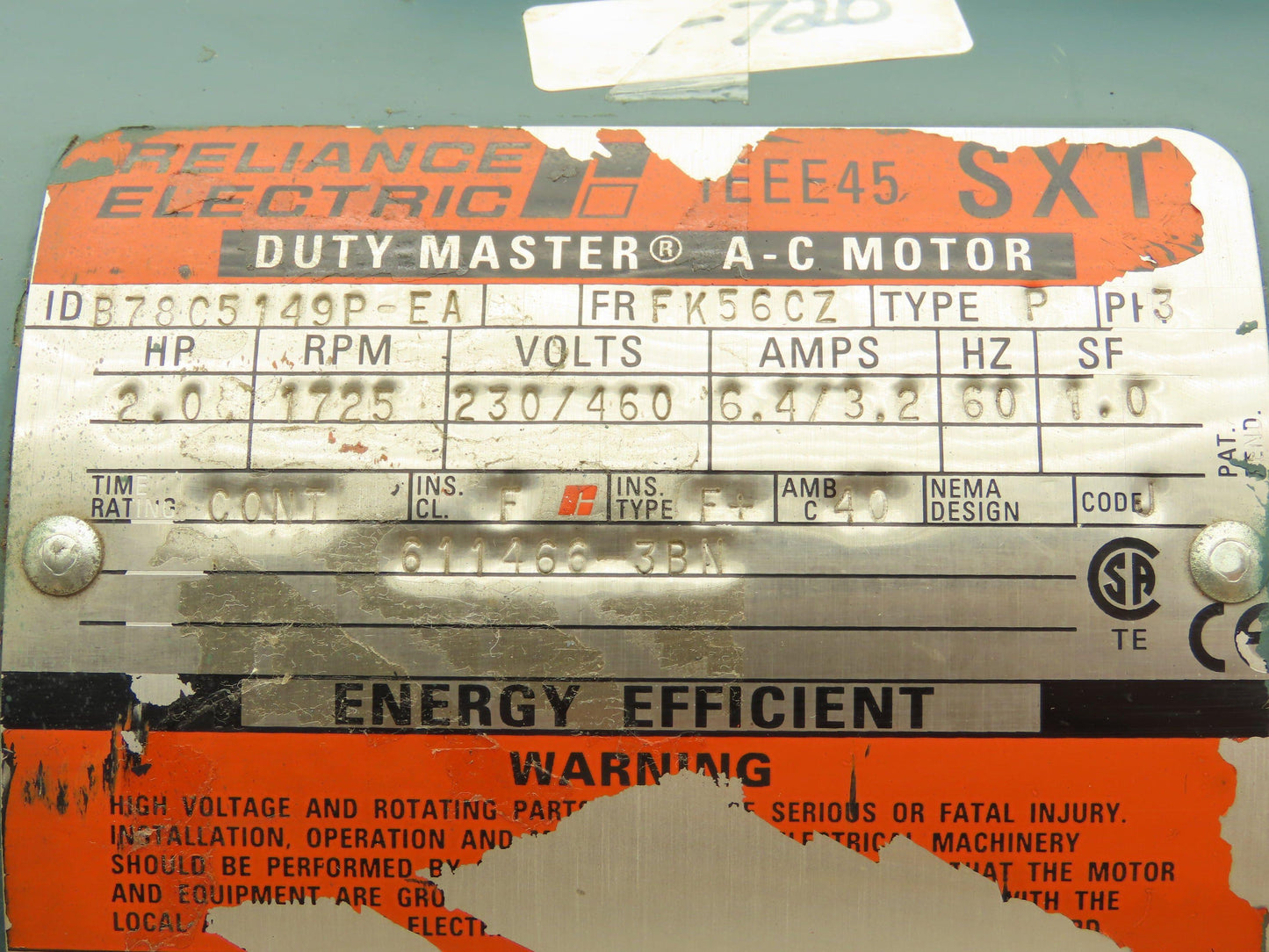 Reliance B78C5149P-EA AC Motor 3Ph 1725rpm 2Hp 230/460v FK56CZ Frame TEFC