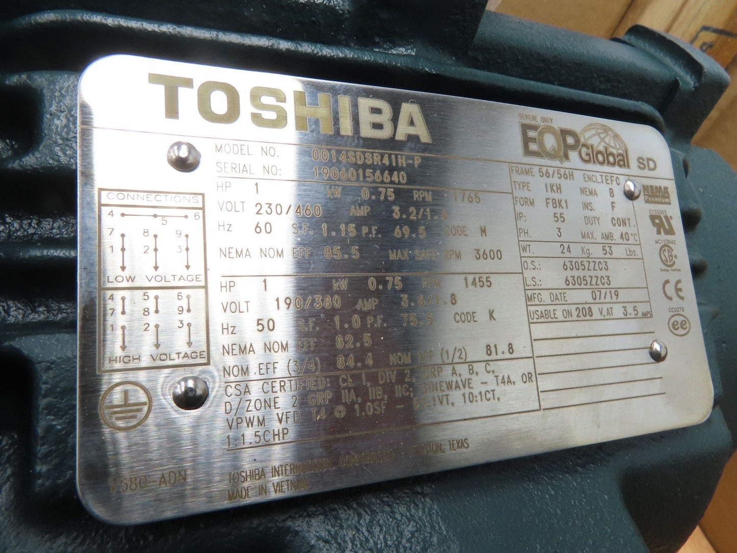 Toshiba EQP Global AC Motor 1Hp 1765 RPM 230/460V 3PH 56 Frame 0014SDSR41H-P