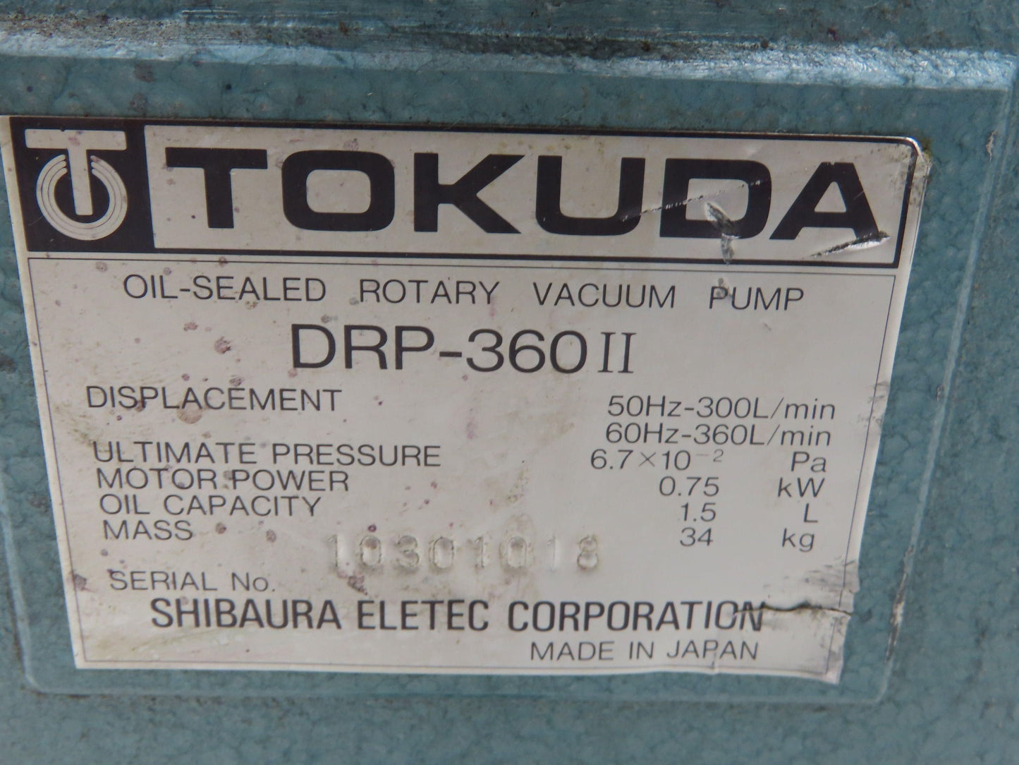Tokuda DRP-360II Rotary Vane Vacuum Pump 360L/Min 1Hp 220V 3PH