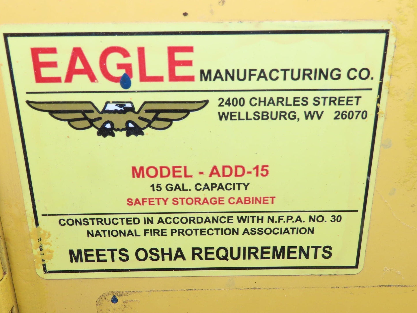 Eagle ADD-15 Yellow Flammable Safety Cabinet 15 Gallon Liquid Piggyback