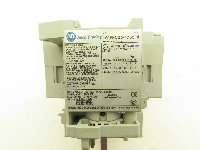 Allen Bradley 194R-C30-1753 Fused Disconnect Switch 3-Pole 30A 600VAC Ser A