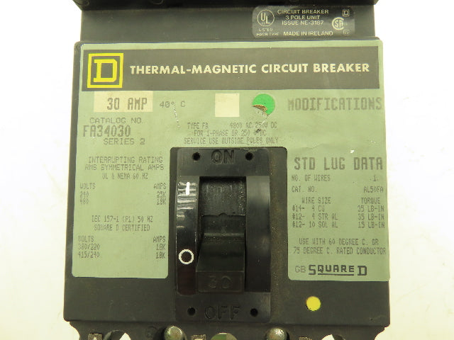 Square D FA34030 I-Line Circuit Breaker 30A 600V 3P 3PH 30 AMP 600 Volt Gray