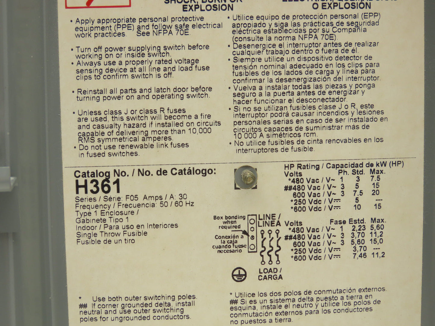 Square D H361 Fusible Heavy Duty Safety Disconnect Switch 30A 600VAC F05