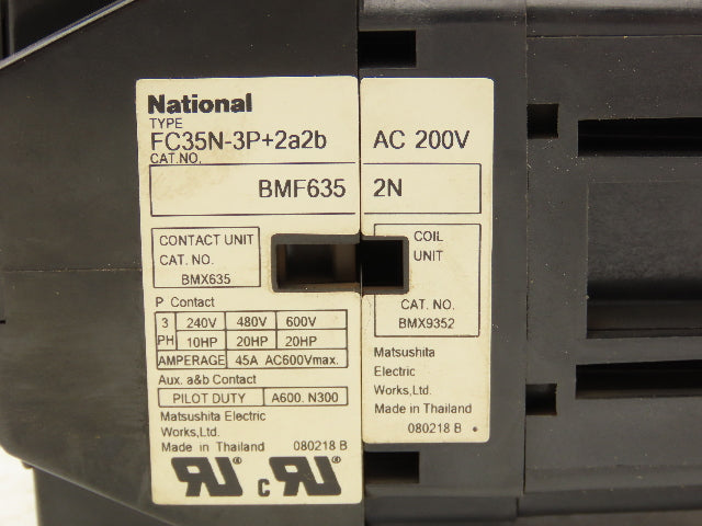 Matsushita BMF635 | FC35N-3P+2a2b Contactor 20Hp 600v 3Ph 45A 200v Coil