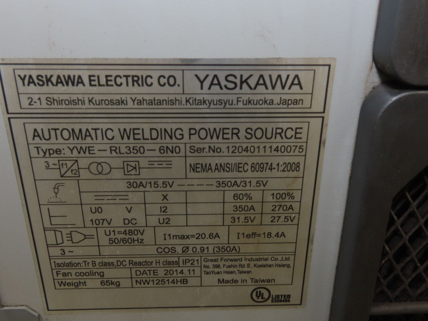 Yaskawa 350AYWE0 Robot Automatic Motoman Welding Power Supply 350A 480V 60%