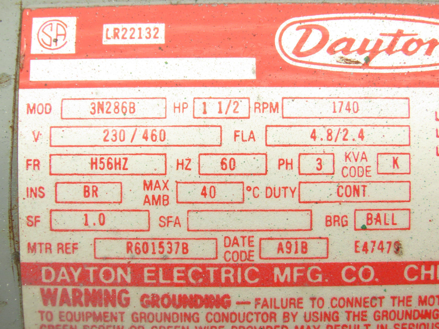 Dayton 3N286B AC Motor 1.5Hp 230/460v 1740rpm 3Ph H56HZ