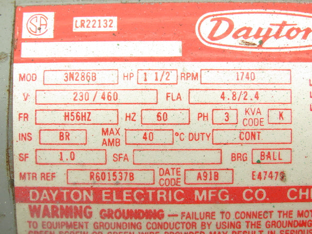 Dayton 3N286B AC Motor 1.5Hp 230/460v 1740rpm 3Ph H56HZ