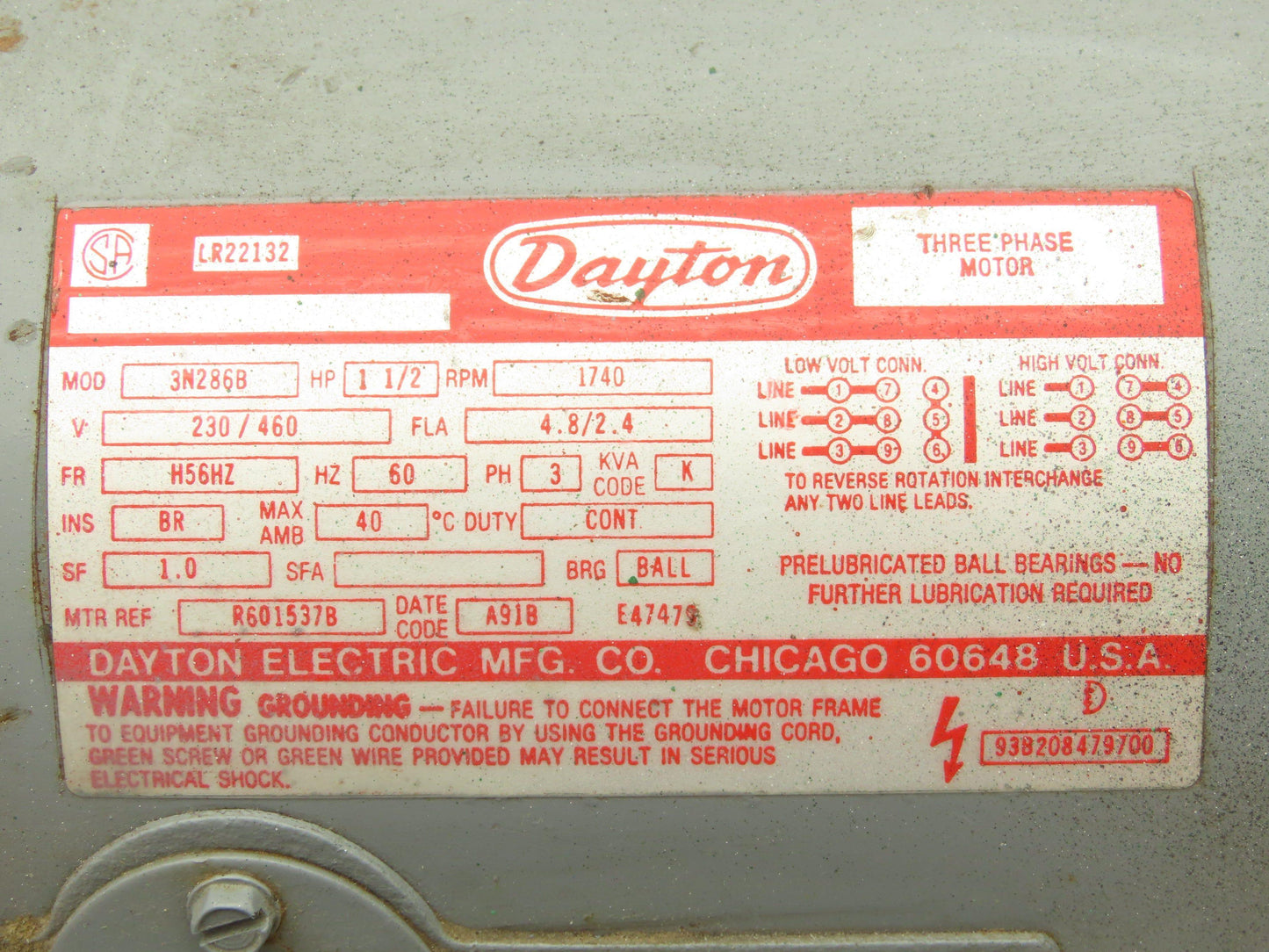 Dayton 3N286B AC Motor 1.5Hp 230/460v 1740rpm 3Ph H56HZ