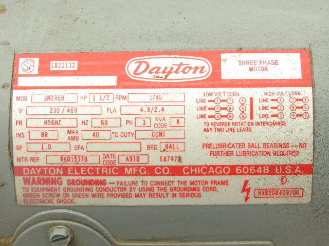 Dayton 3N286B AC Motor 1.5Hp 230/460v 1740rpm 3Ph H56HZ