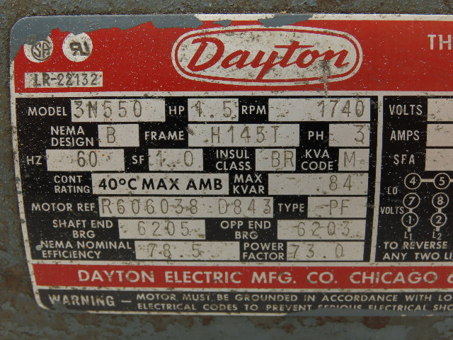 Dayton 3N550 AC Motor 1.5Hp 1740rpm 230/460v 3Ph H145T Frame TEFC