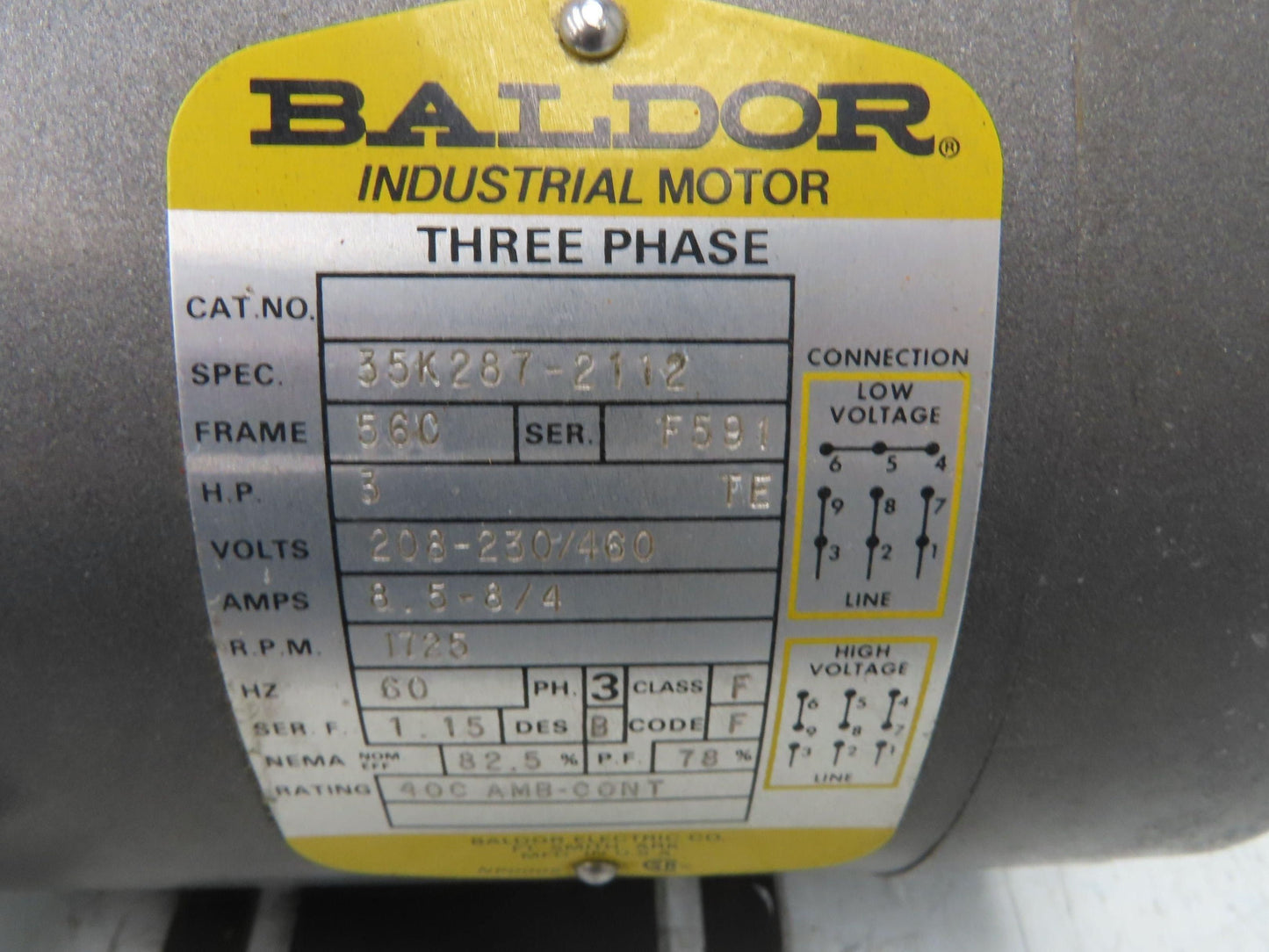 Baldor 35K287-2112 AC Motor 2Hp 1425rpm 190/380v 3Ph 56C TEFC