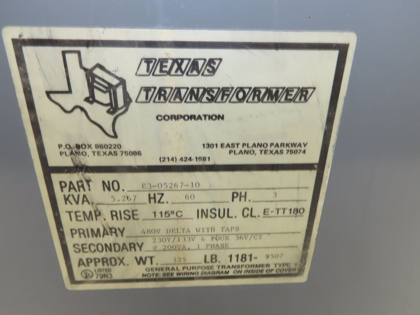 Texas E3-05267-10 Stepdown Power Transformer 5kva 3Ph HV 480 LV 230Y/133V 36V/CT