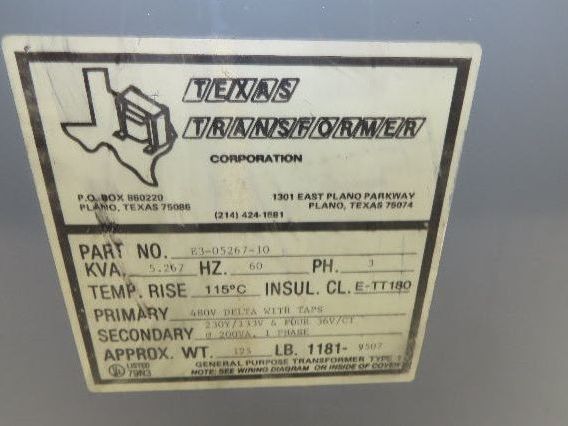 Texas E3-05267-10 Stepdown Power Transformer 5kva 3Ph HV 480 LV 230Y/133V 36V/CT