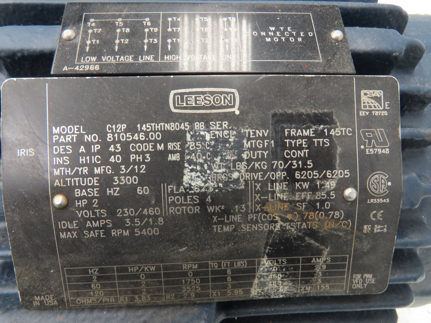 Leeson C145THTN8045 Inverter Duty AC Motor 2Hp 1750rpm 230/460v 3Ph 185Hz 145TC